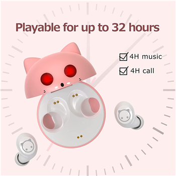 Cute Kittycat Cartoon Design in-Ear TWS Wireless Earset with Dual Micphone