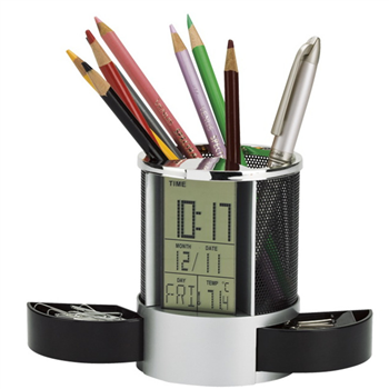 Desk Pen Holder With Clock